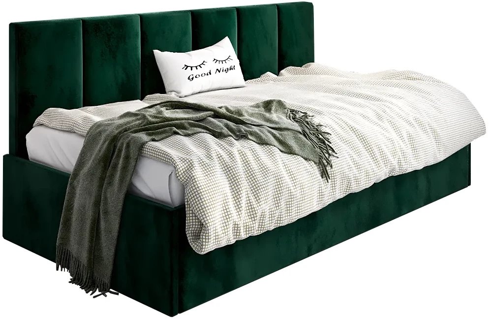 Łóżko młodzieżowe SORA 120x200 zielone z tapicerowanym panelem i pojemnikiem na pościel MKPOL