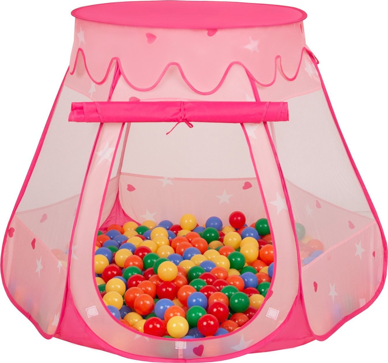 Selonis Selonis Namiot zamek NZ-100X z piłeczkami 6cm różowy: żółty-zielony-niebieski-czerwony-pomarańcz 105x90cm/300piłek Zabawka namiot dla dzieci