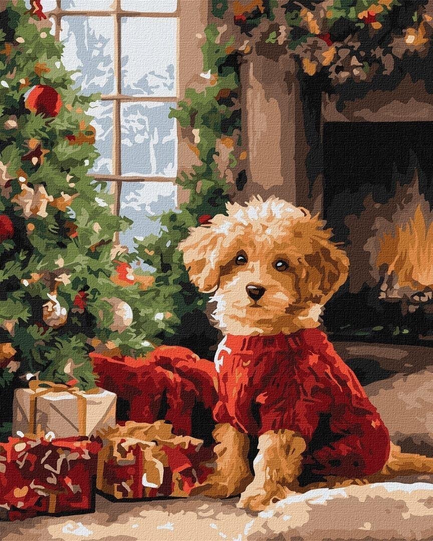 Malowanie po numerach - Pudel przy choince 40x50cm