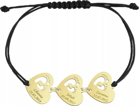 MEJK Jewellery Bransoletka Złota Imię dziecka Stópki 6 Serc Prezent 925 Dzień Matki GRAWER