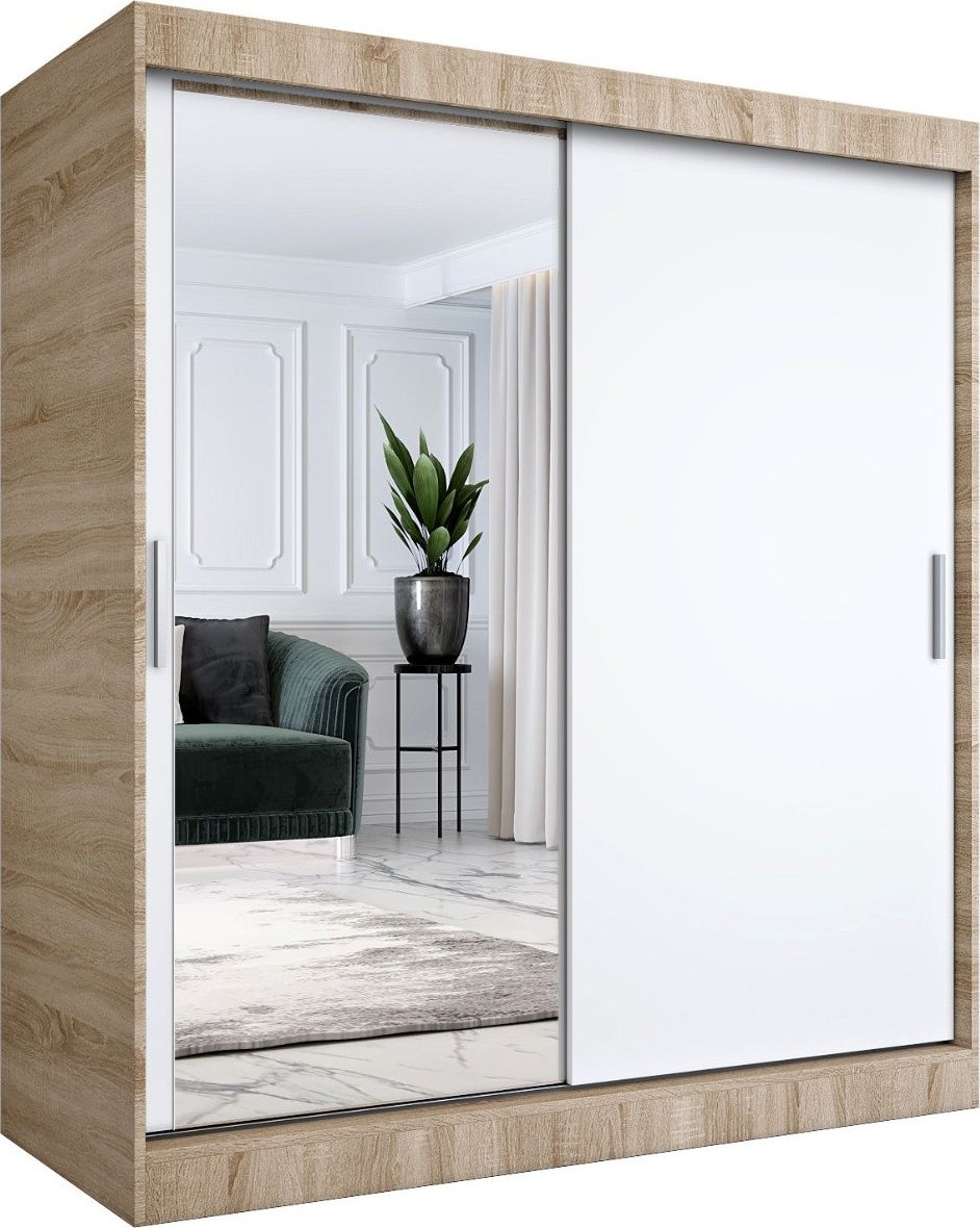 MKPOL Szafa przesuwna MODUO COMFORT 180 dąb sonoma/biała mat z lustrem po lewej