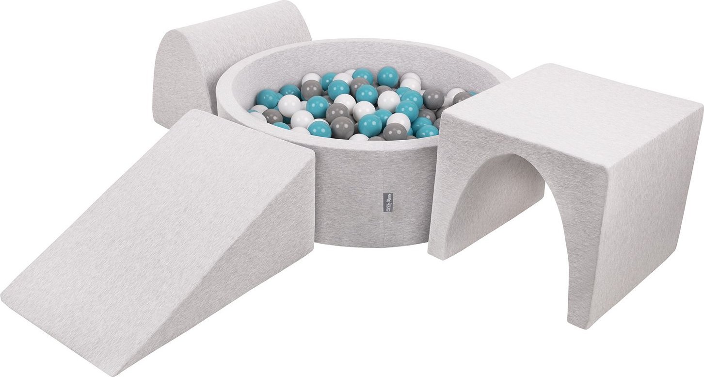 KiddyMoon Piankowy plac zabaw PPZP-OK30D-124 z piłeczkami jasnoszary: szary-biały-turkus basen 200/klin L/górka/tunel Zabawka plac zabaw