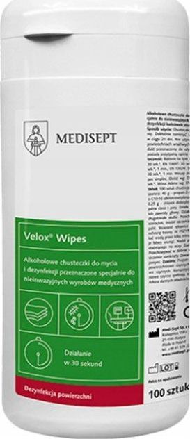Medisept Velox Wipes w puszcze 100szt Alkoholowe chusteczki do dezynfekcji różnorodnych powierzchni sprzętu medycznego z tworzyw sztucznych