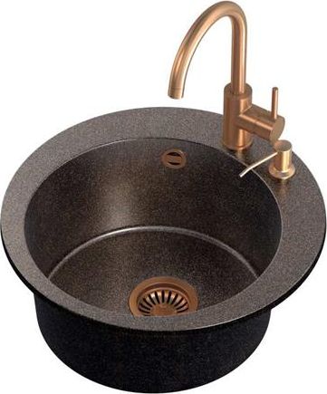 Zlewozmywak Steiner ART JAMES 210 (Ø51x20) Steingran Art Copper Black Pearl z syfonem manualnym, baterią Naomi i dozownikiem - czarny opalizacja miedz