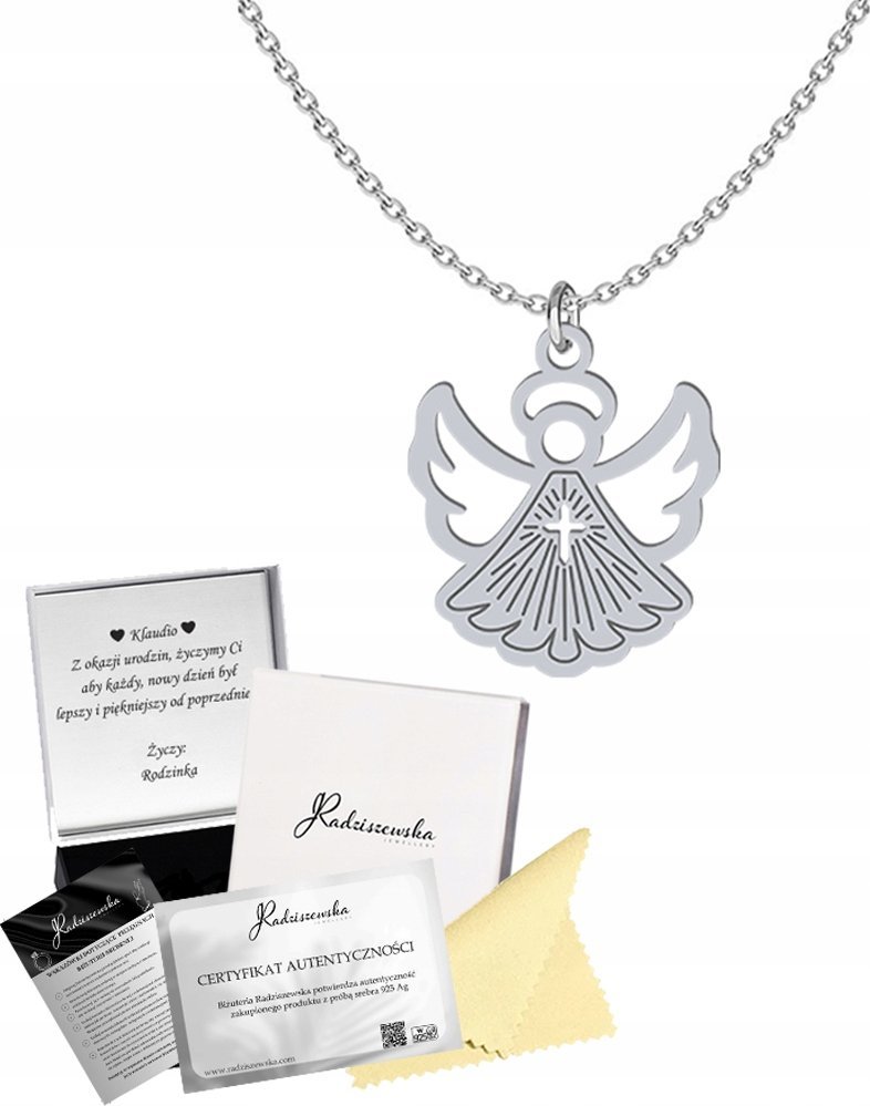 Radziszewska Jewellery Naszyjnik Srebrny na KOMUNIĘ z Aniołkiem Łańcuszek Prezent GRAWER GRATIS