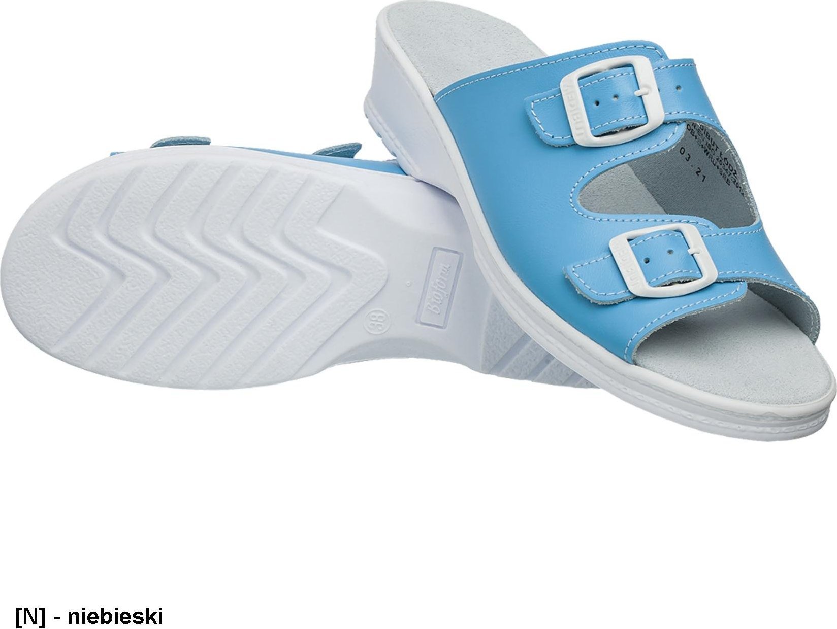 MEDIBUT BMKLA2PAS - klapki damskie na koturnie, cholewka skóra z powłoką ułatwiającą mycie i dezynfekcję - niebieski 39