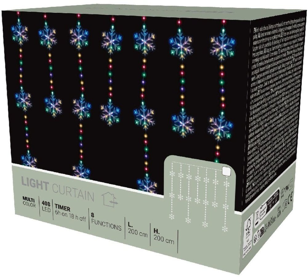 LAMPKI CHOINKOWE KURTYNA ŚWIETLNA 200x200 CM 408LED PŁATKI ŚNIEGU MULTIKOLOR