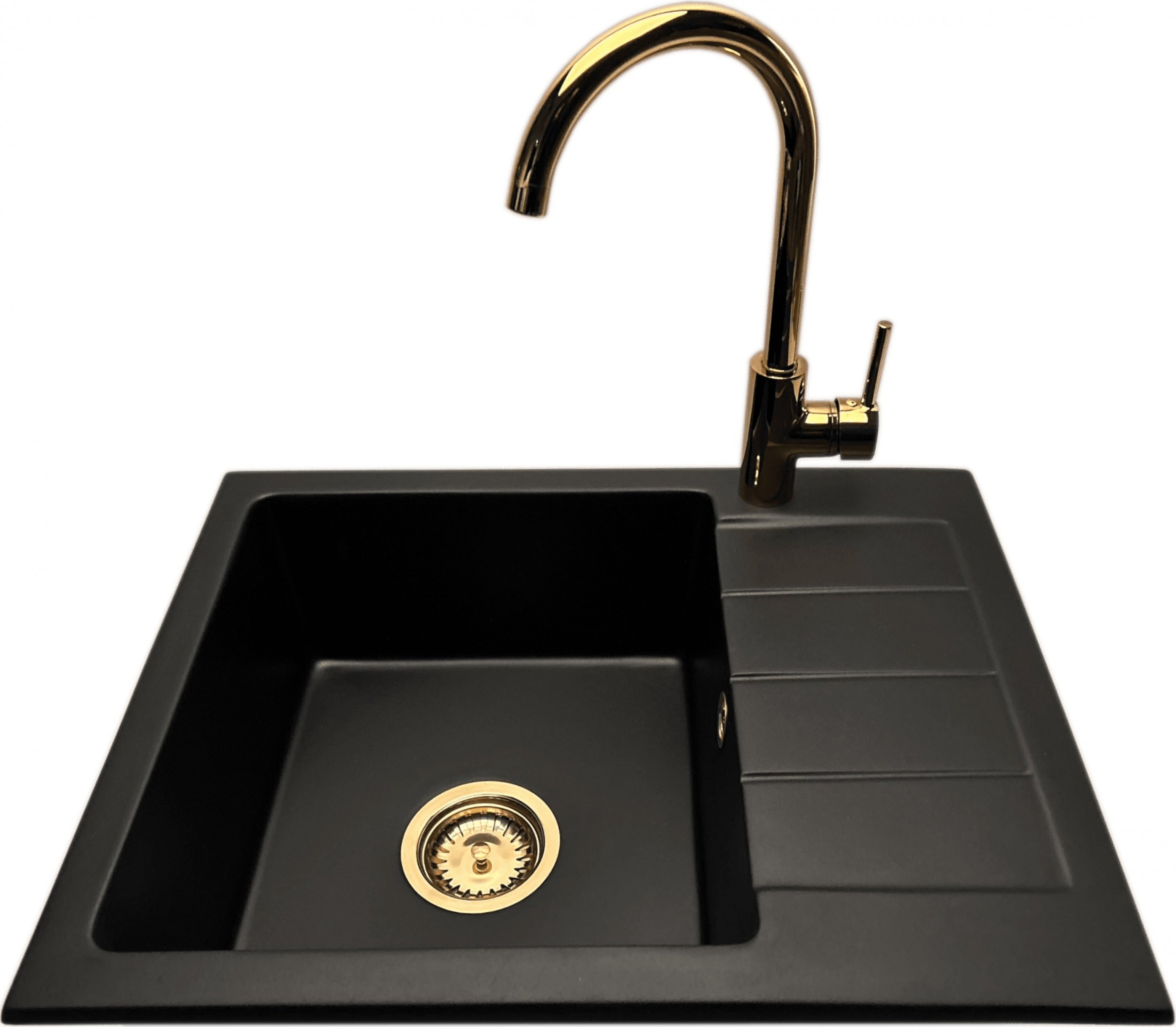 Zlewozmywak PREHNIT Zlewozmywak jednokomorowy z ociekaczem ADAL czarny z prawym ociekaczem + bateria złota