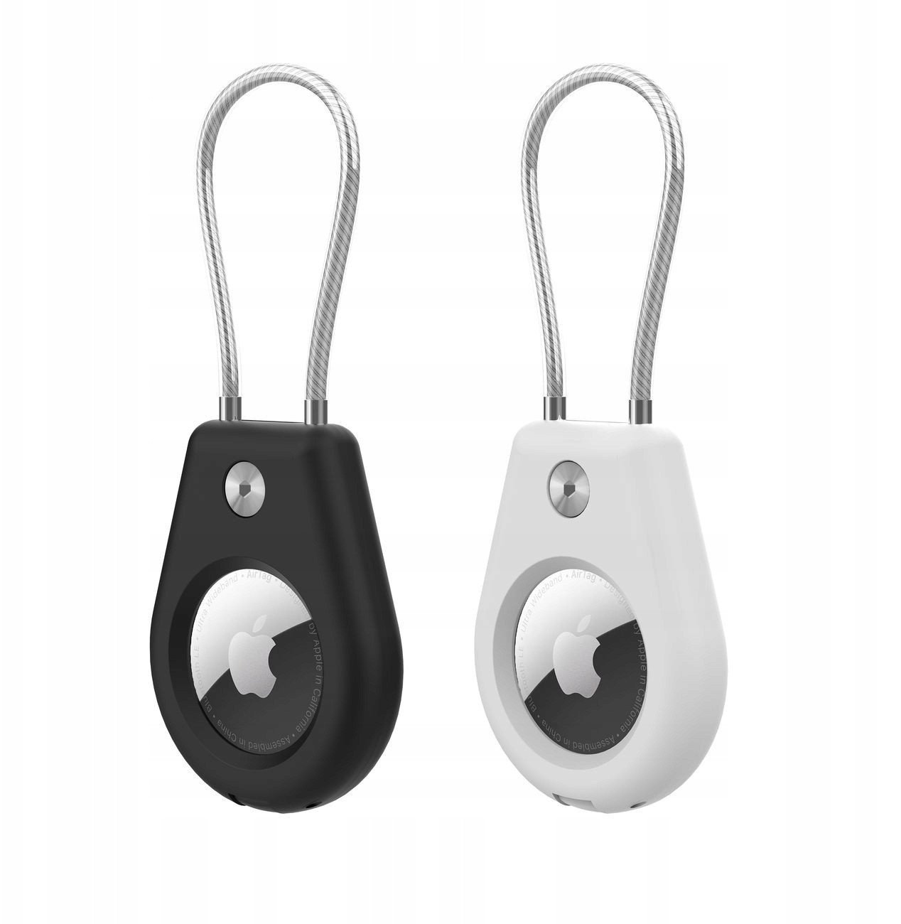 Etui na Apple AirTag ze stalową linką - czarne + białe (2 sztuki)