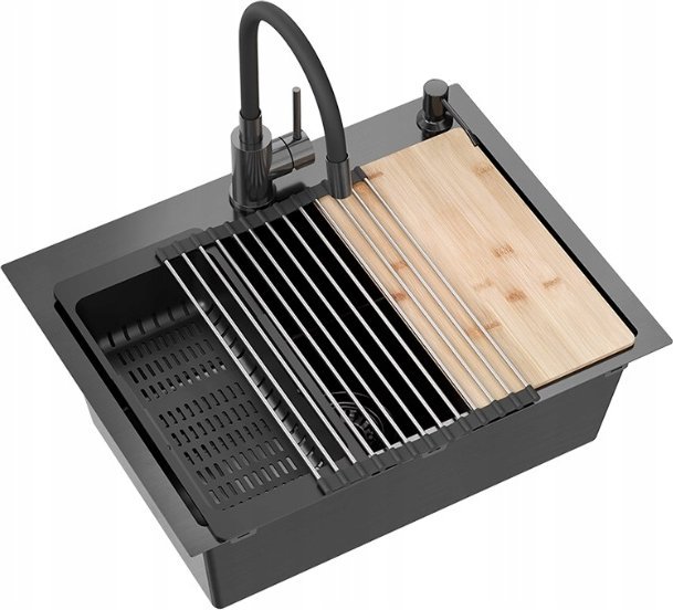 Zlewozmywak QUADRON LUKE 110 WORKSTATION zlewozmywak black metal (58x45x20) z syfonem 1-komorowy b/o + Qmata + Wkładka + Dozownik + Deska + bateria z