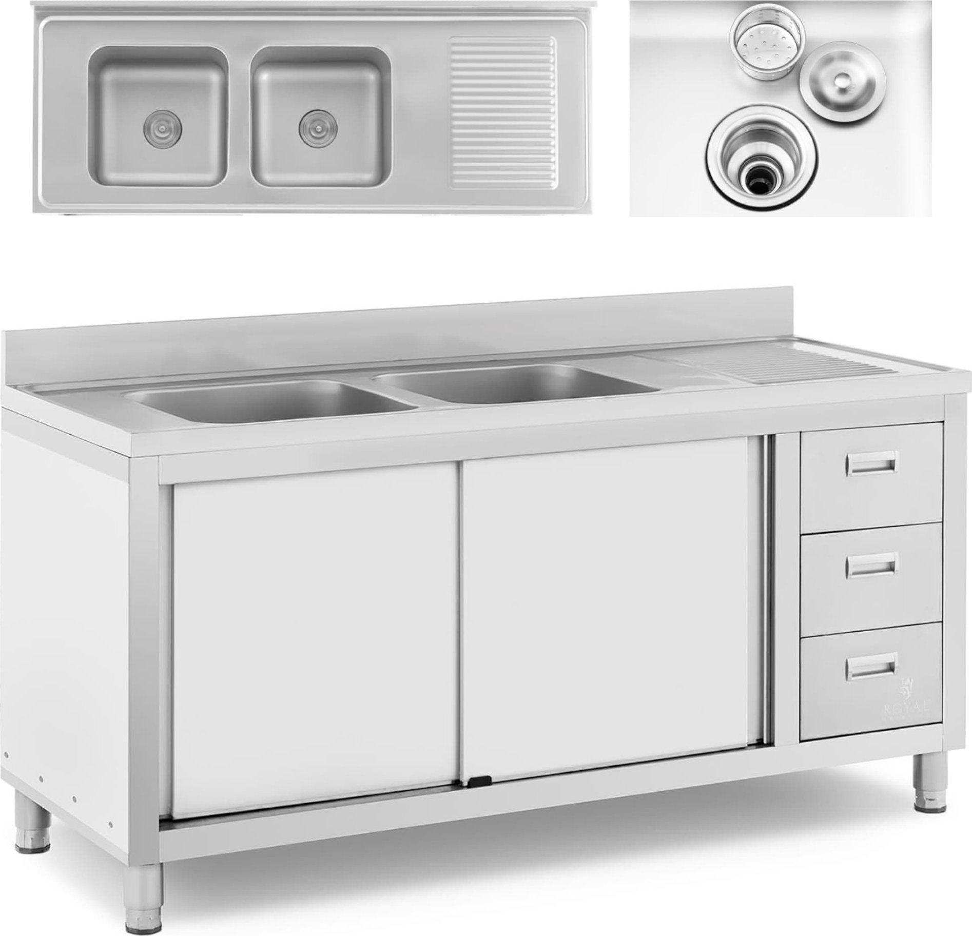 Zlew basen gastronomiczny dwukomorowy z szafką z drzwiami przesuwnymi szufladami stalowy 160 x 60 x 95 cm