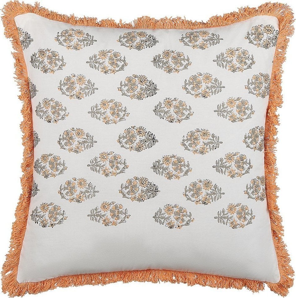 Beliani Bawełniana poduszka dekoracyjna w kwiaty z frędzlami 45 x 45 cm biało-pomarańczowa SATIVUS!