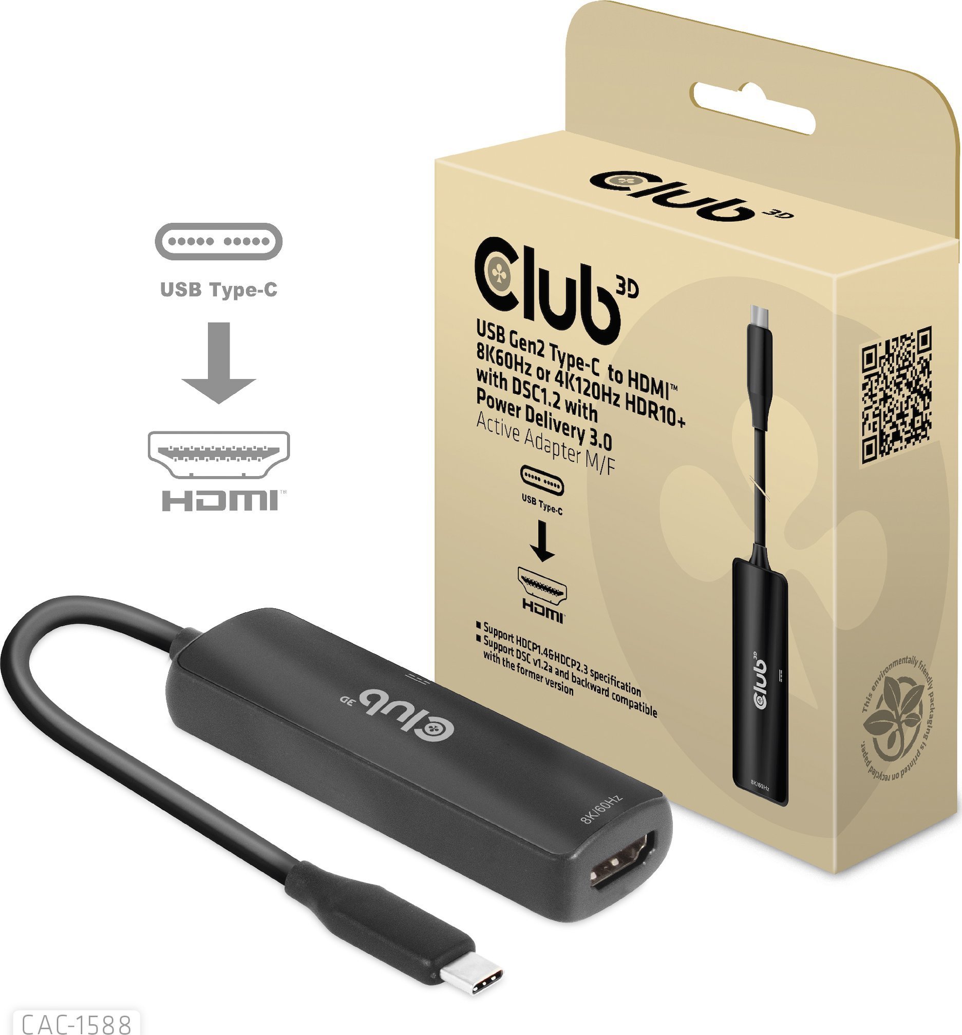 Club 3D Club3D Adaptér USB-C na HDMI 8K60Hz/4K120Hz, Active Adapter M/F, PD 3.0, HDR10+ a DSC 1.2