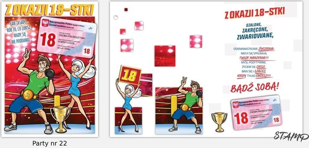 Karnet Party naklejany B6+koperta Urodziny 18 wz22