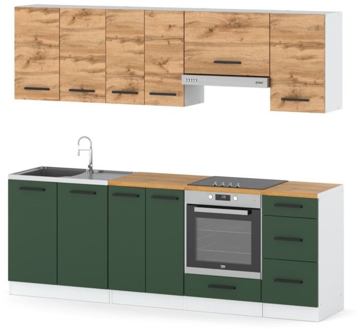 Kuchnia Modułowa Nowoczesna 2.4m Zestaw Biała Butelkowa Zieleń Dąb Wotan