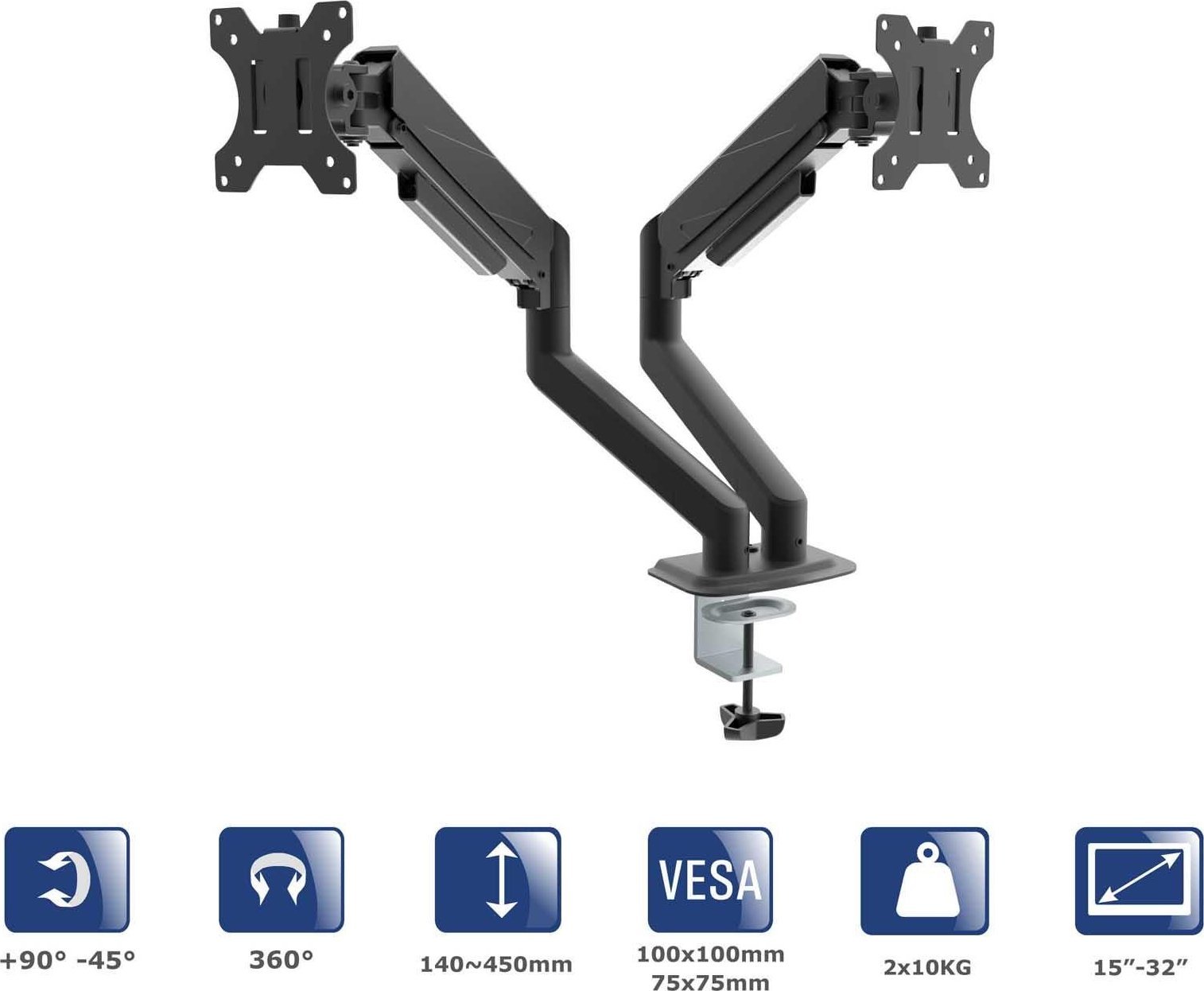 Uchwyt biurkowy na dwa monitory Akyga AK-MB-06 regulowane ramiona gazowe VESA 75x75mm / 100x100mm 15-32"