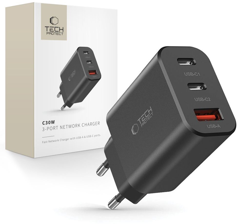 Ładowarka sieciowa NC30W 2x USB-C USB-A 30W - czarna Ładowarka sieciowa NC30W 2x USB-C USB-A 30W - czarna