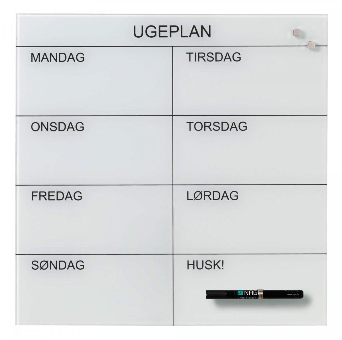 NAGA Uge glastavle DK 45x45cm hvid m/sort tekst