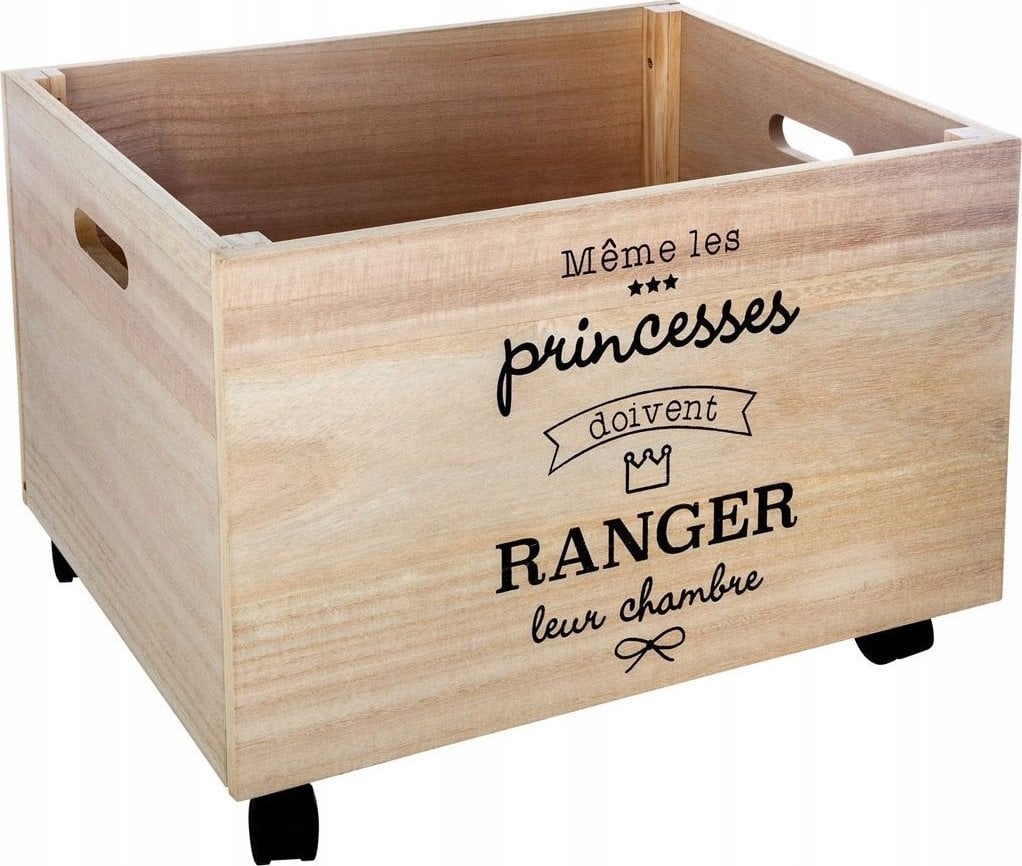 Atmosphera Pojemna skrzynia do przechowywania przedmiotów, posiadająca uchwyty i kółka łatwa w przenoszeniu, wykonana z drewna.