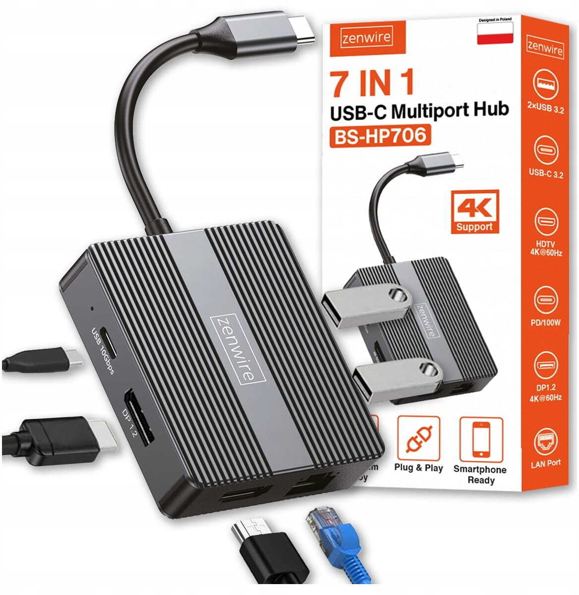 HUB USB Zenwire Hub USB-C 7w1 Adapter USB 3.0 HDMI 4K 60Hz Display Port Gigabit RJ-45 1000M BS-HP706