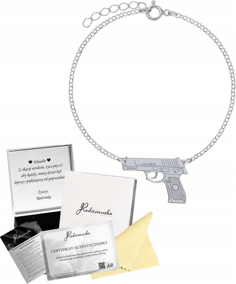Radziszewska Jewellery Bransoletka Srebrna PISTOLET Łańcuszek 925 Prezent Biżuteria GRAWER GRATIS