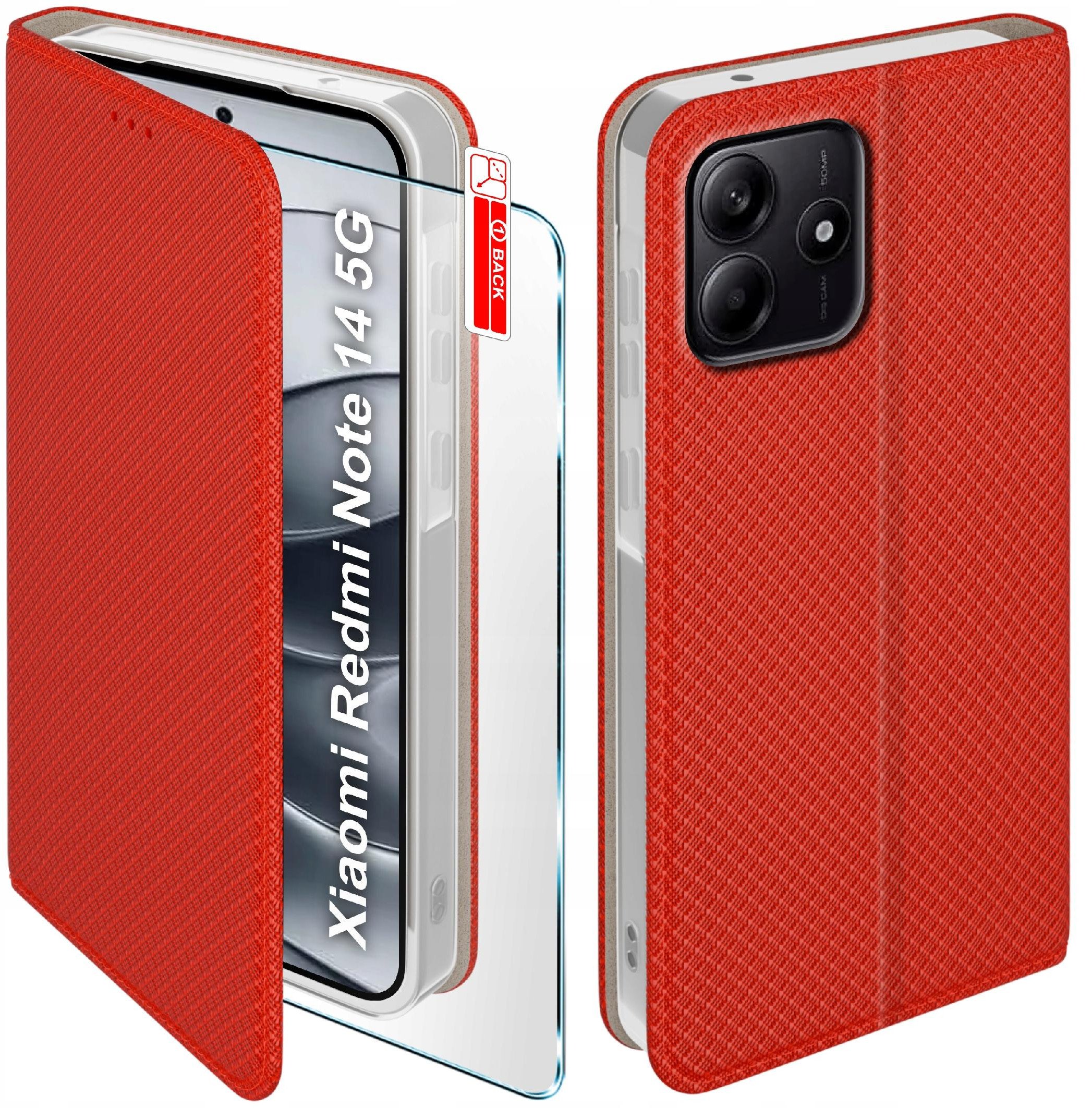 Etui z klapką do Xiaomi Redmi Note 14 5G Zamykane Czerwone Futerał + Szkło