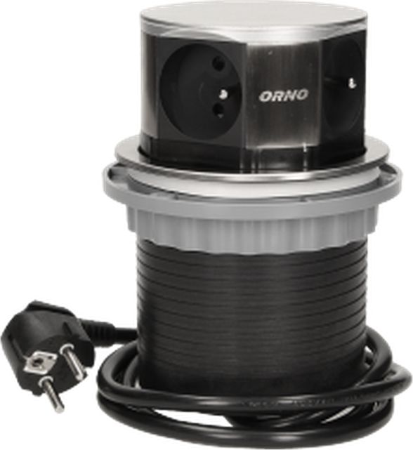 Orno Gniazdo meblowe ?10cm wysuwane z blatu z przewodem 1,5m, 4x2P+Z, INOX
