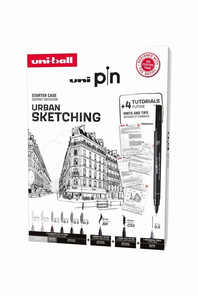 Uni Pin Urban Sketching Box - Gift box with exercises (contains 8x uni pin + 1 pencil 0.5 mm)
