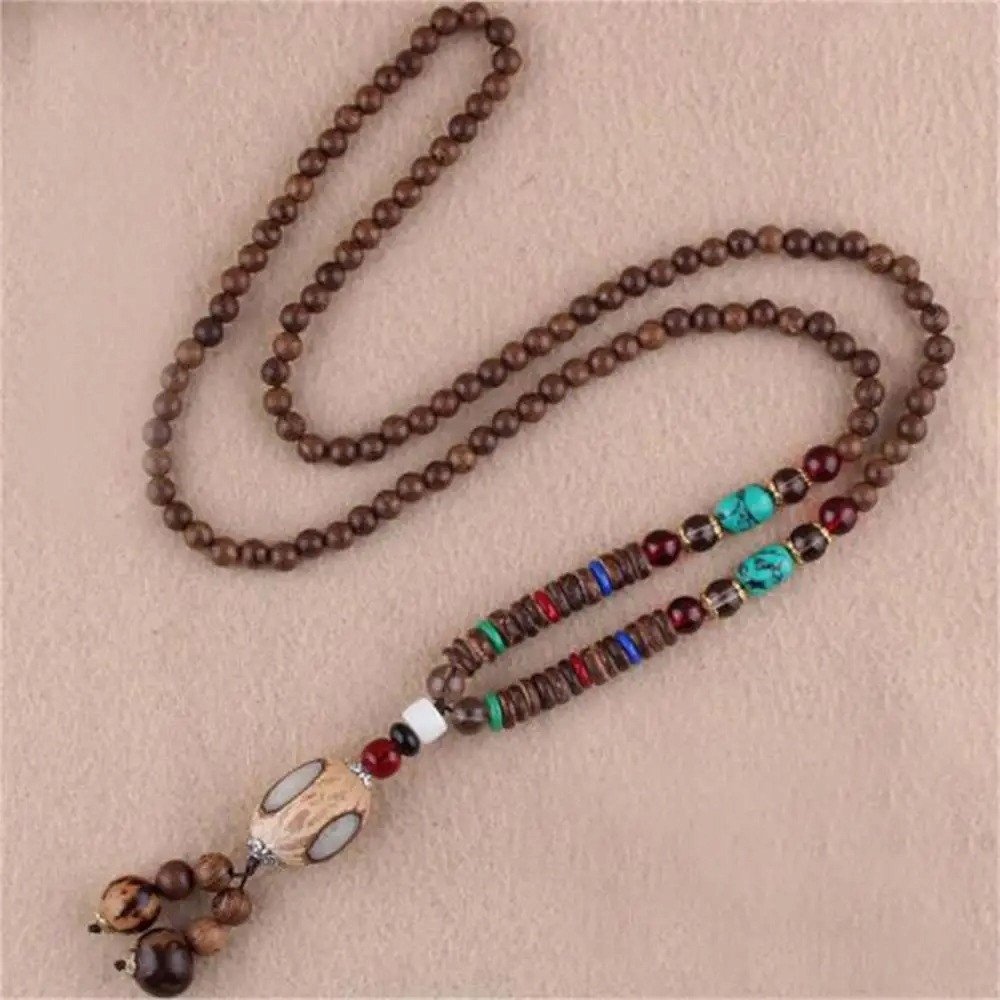 Naszyjnik Drewniany NEPAL BUDDYJSKI MALA TYBETAŃSKI Mnichów HANDMADE Amulet