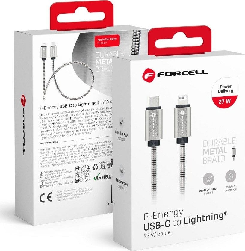 Kabel USB ForCell USB-C - Lightning 1 m Srebrny