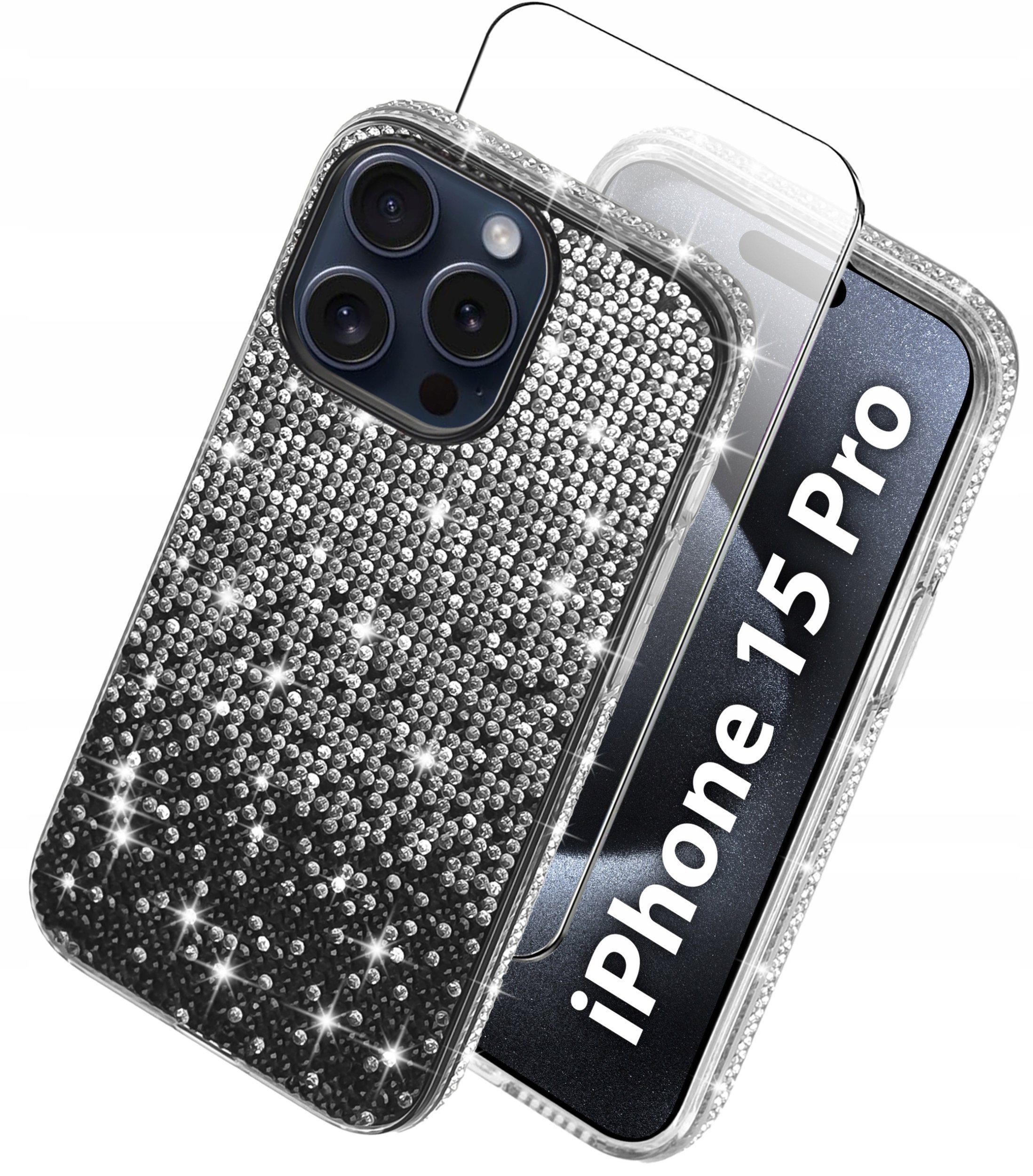 Etui do iPhone 15 Pro silikonowe BROKAT DIAMOND Szkło ochronne na ekran 9H