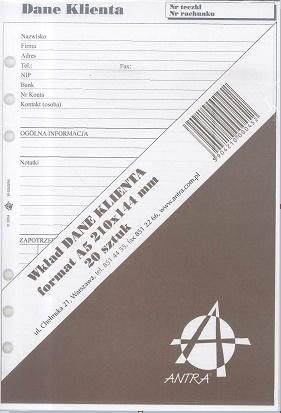 Antra Wkład do organizera A5 Dane klienta (270045)