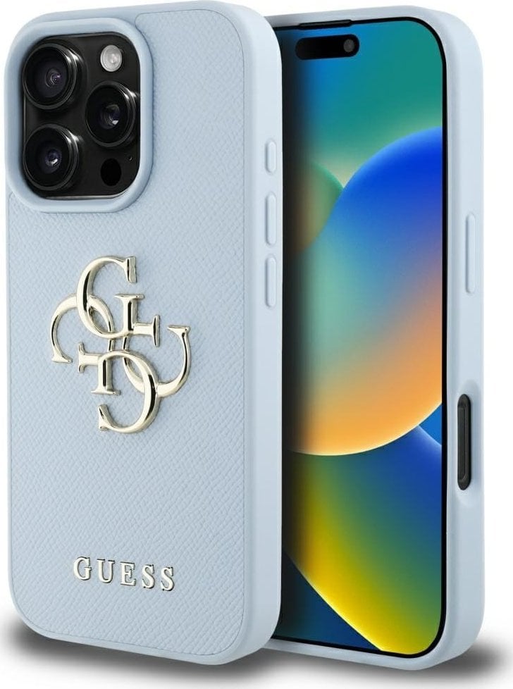 Guess Grained Big 4G Logo Small Classic Logo case for iPhone 16 Pro blue