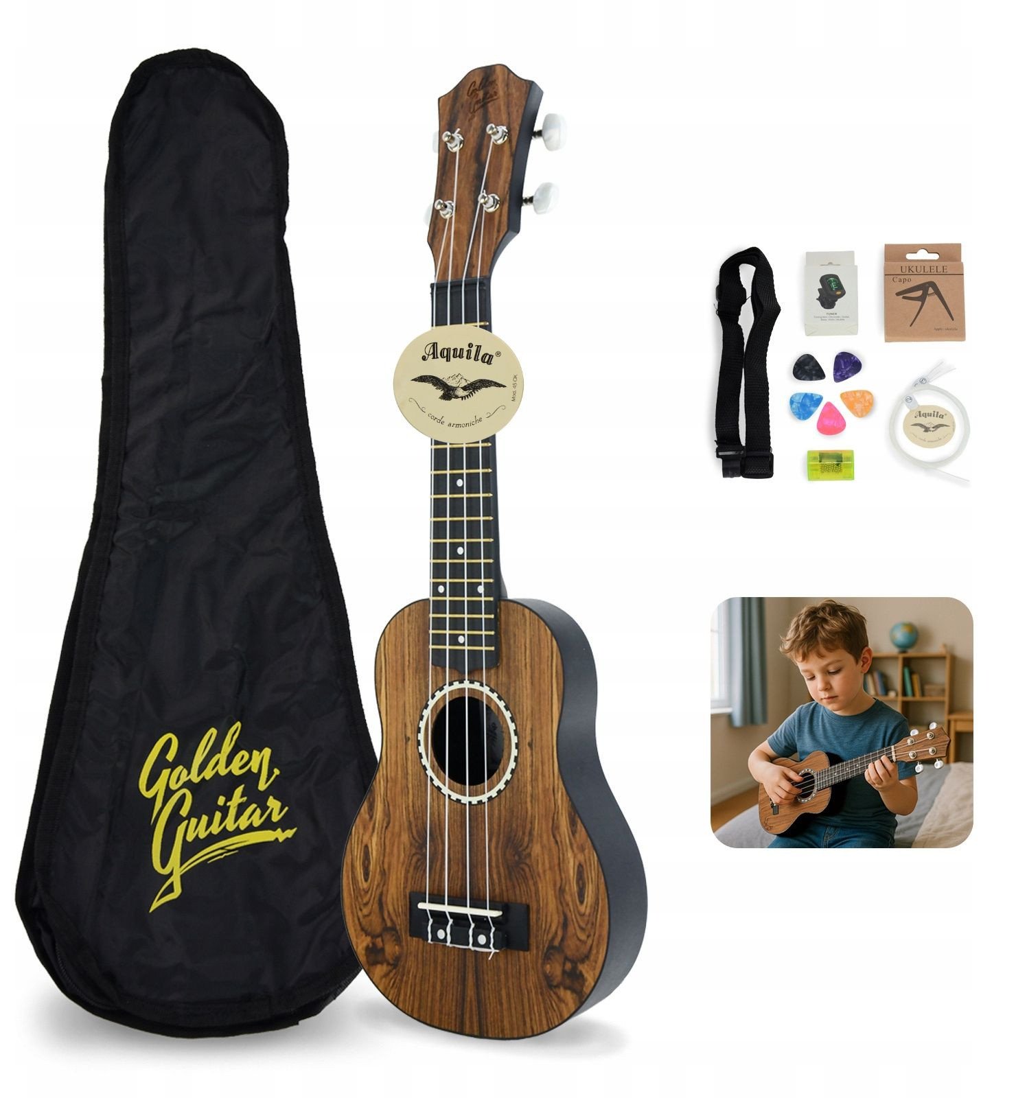 Zestaw: Ukulele sopranowe ciemne GBU10+ akcesoria Golden Guitar one size