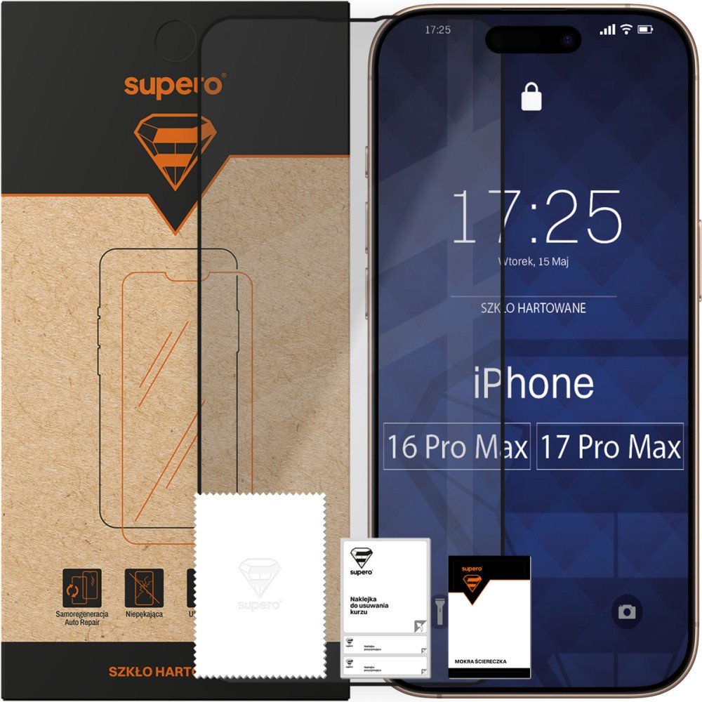 SUPERO Szkło hartowane do iPhone 17 Pro Max/16 Pro Max, przezroczyste z czarną ramką