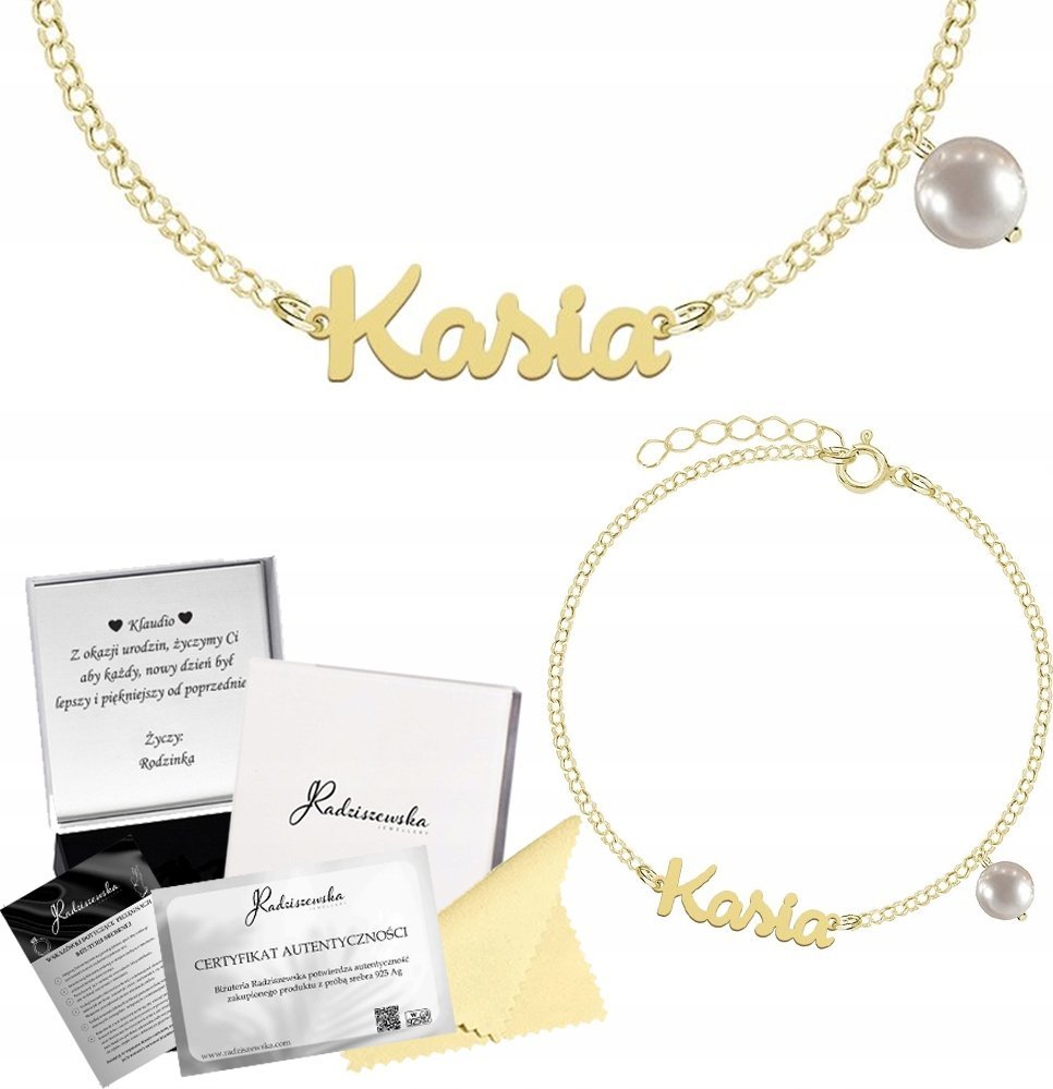 Radziszewska Jewellery Bransoletka Złota z Imieniem Napisem Perła 925 Prezent Biżuteria DEDYKACJA