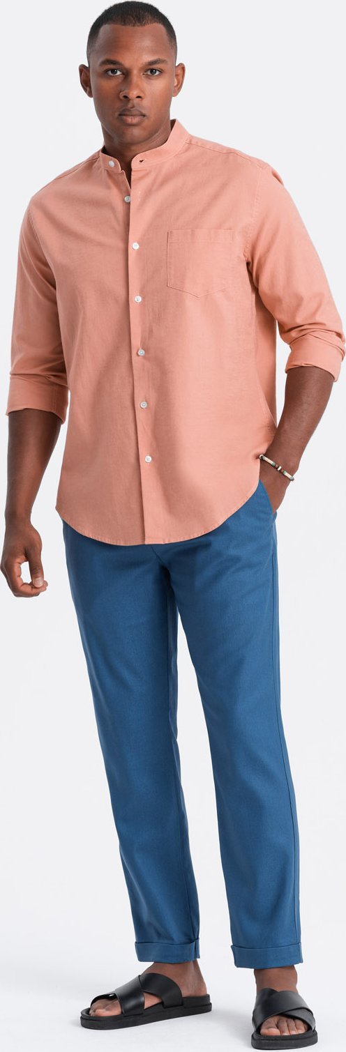 Ombre Męskie spodnie podwijane chino z dodatkiem lnu niebieski denim V5 OM-PACP-0198 XL