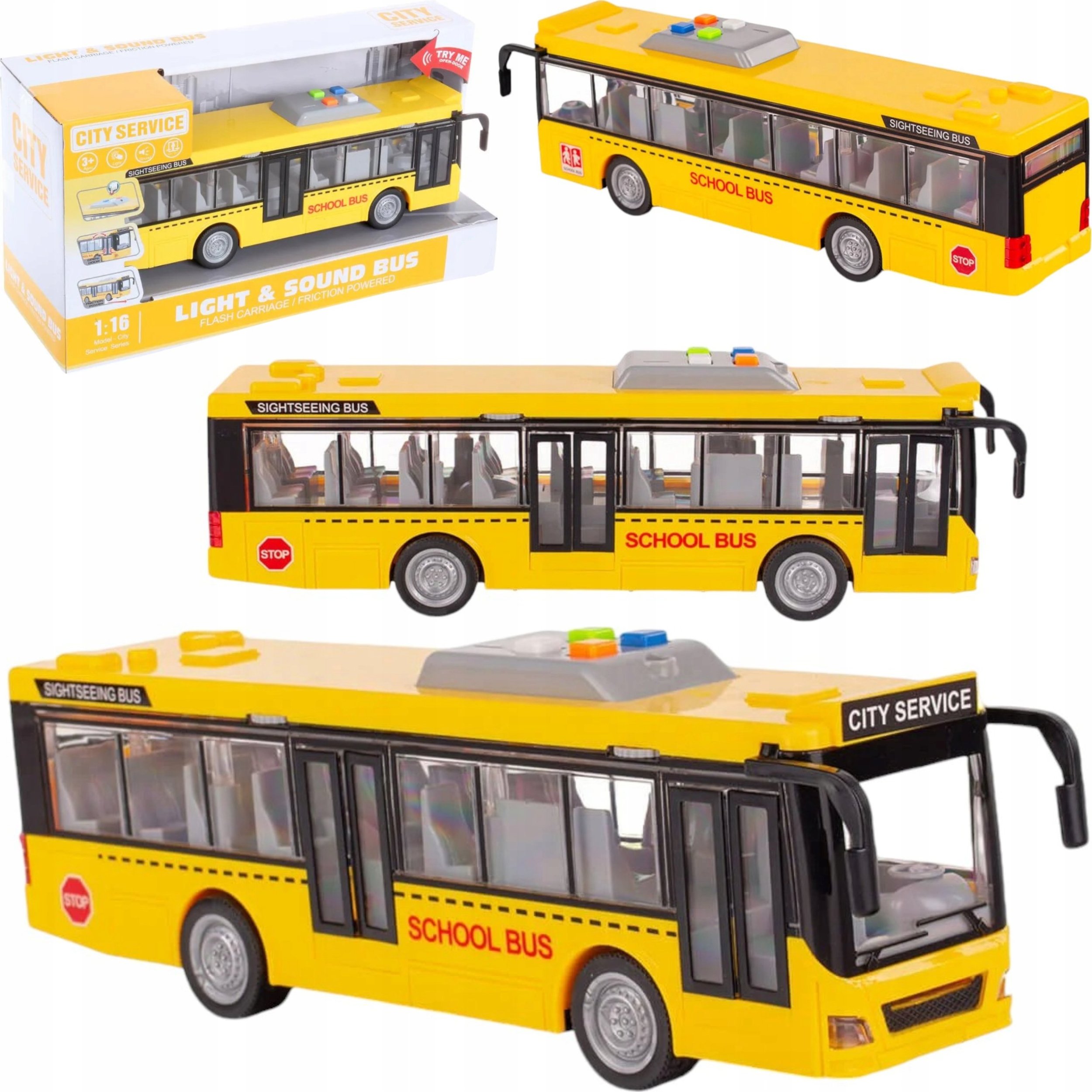 Duży szkolny autobus otwierane drzwi dźwięki światła 1:16 3+ WY910A