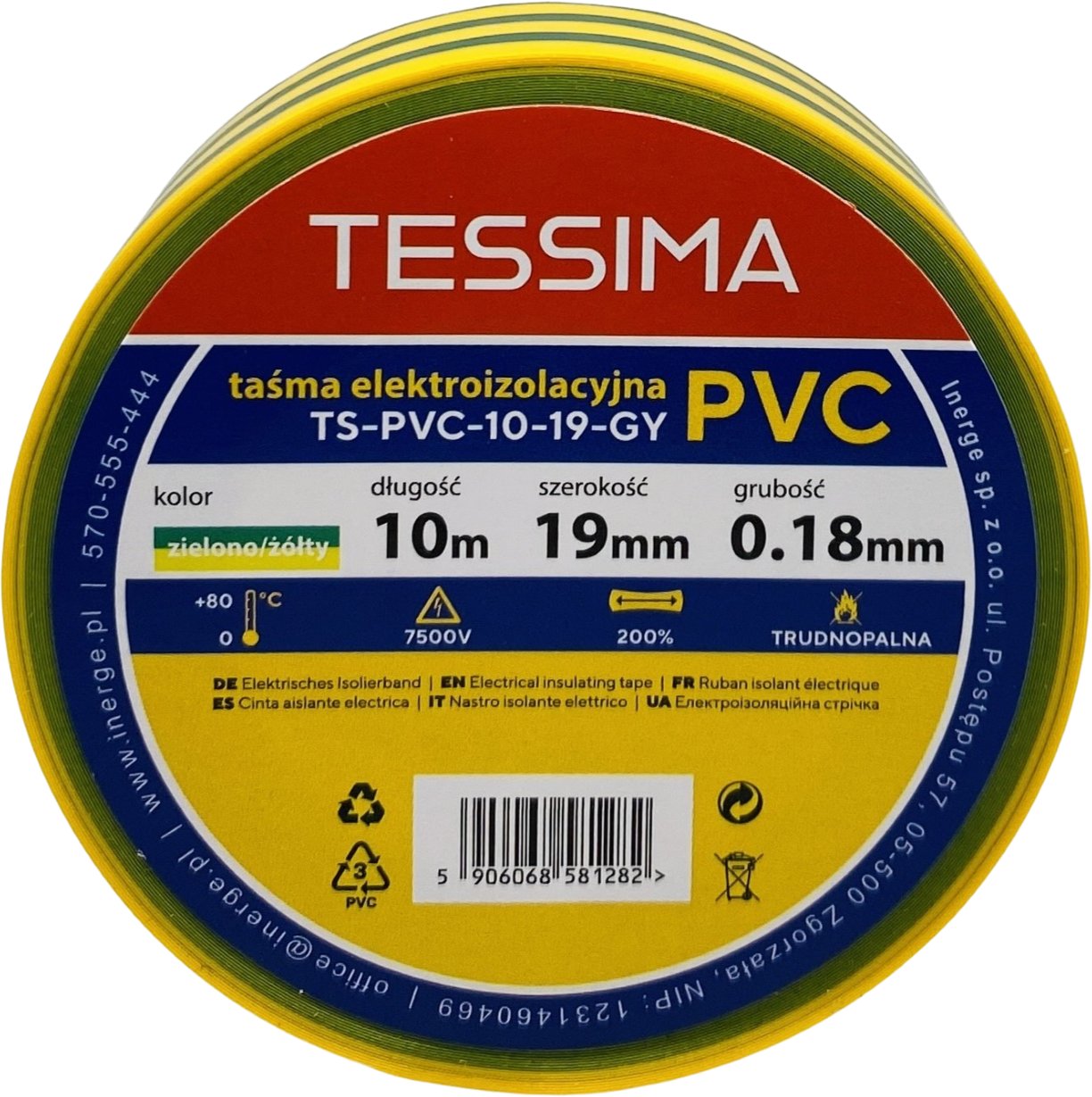 Taśma elektroizolacyjna 10m 19mm 0.18mm zielona-żółta TESSIMA