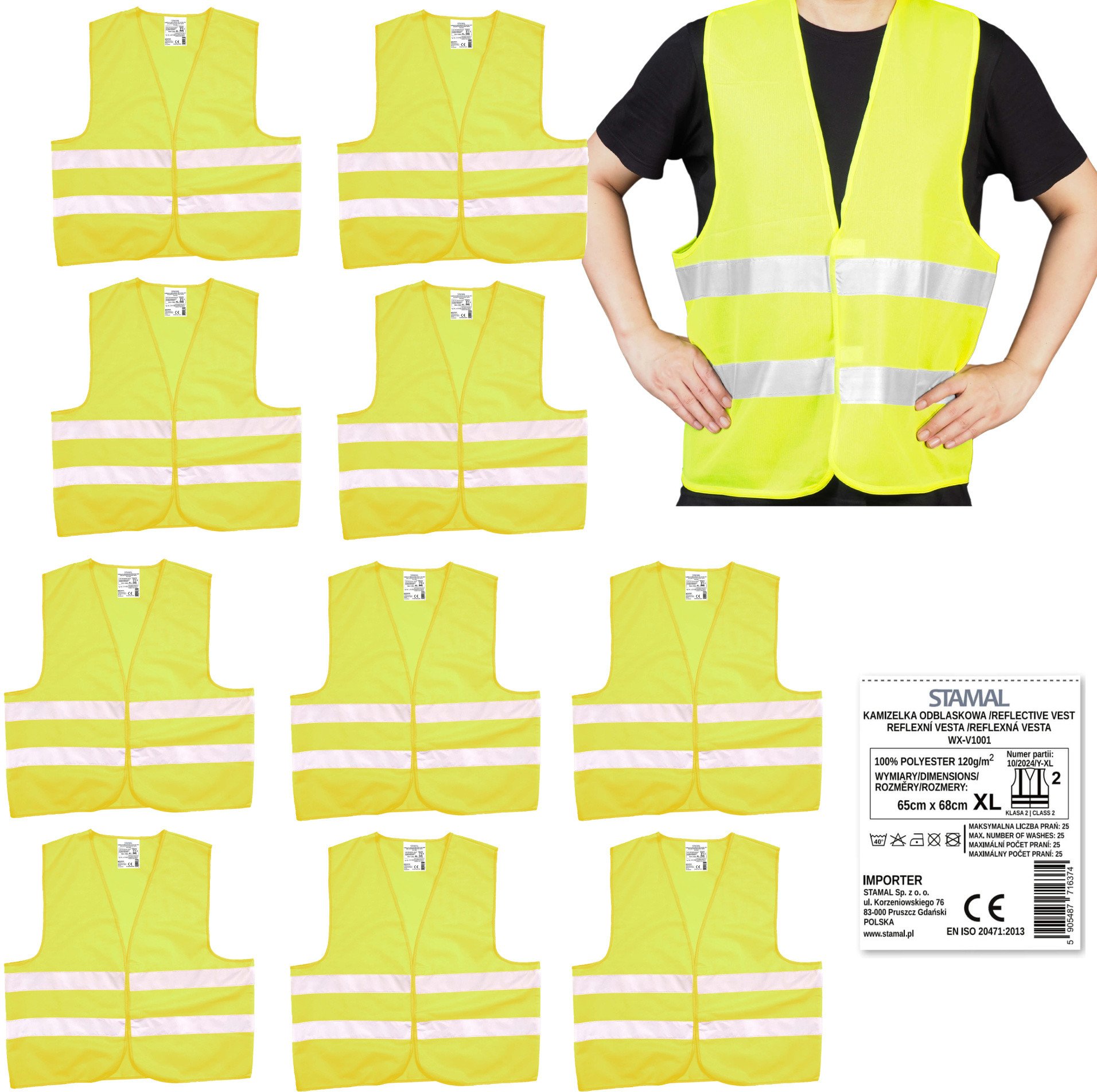 Kamizelka odblaskowa ostrzegawcza dorosłych XL BHP atestem CE EN20471 10szt