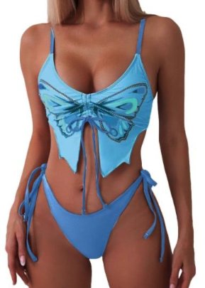 Dwuczęściowy strój kąpielowy błękitny z motywem motyla sznurowane bikini M