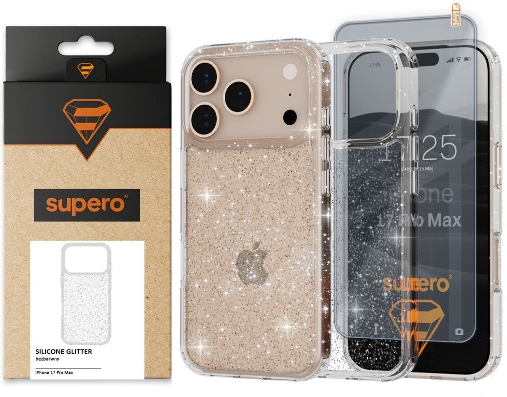 SUPERO Etui silikonowe brokatowy do iPhone 17 Pro Max, przezroczyste + szkło