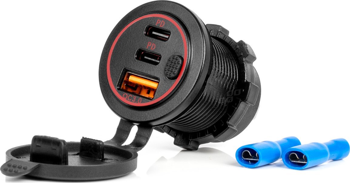 Ładowarka AMiO Ładowarka samochodowa z gniazdami usb wodoodporna z włącznikiem usb + 2x usb-c qc3.0 12v 24v amio-04227
