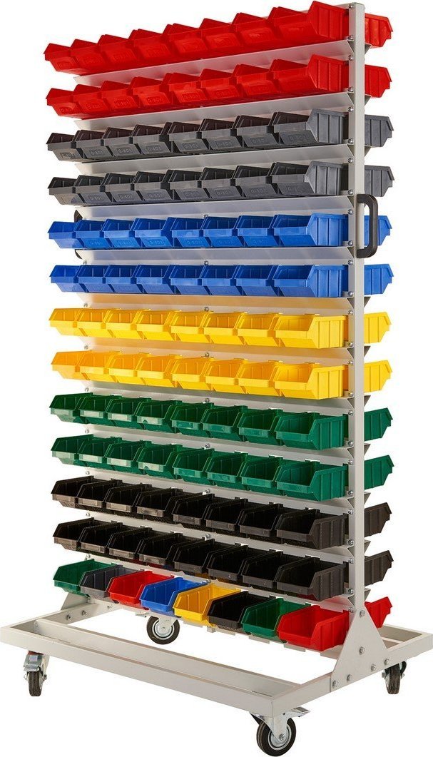 qBox Regał do pojemników warsztatowych, jezdny. Wym: 1740x940x700mm 208 pojemników (Regał z pojemnikami)