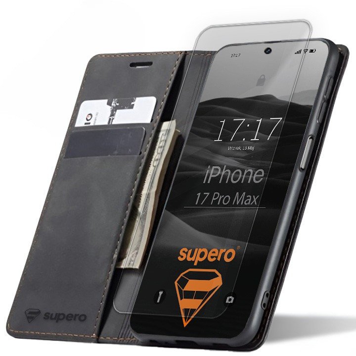 Etui z klapką Supero Business Wallet Case do iPhone 17 Pro Max, czarne + szkło