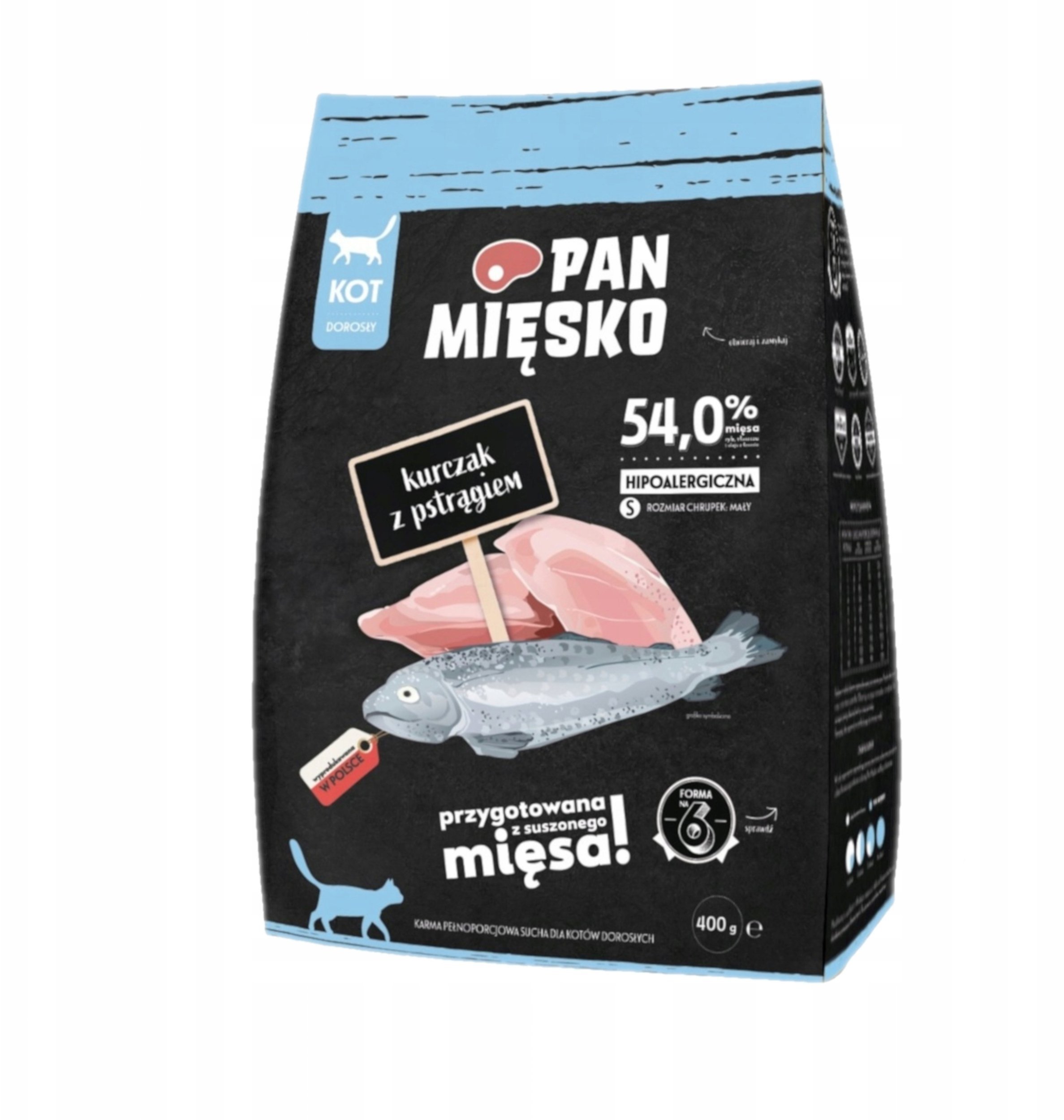 Pan Mięsko Kurczak z pstrągiem sucha karma dla kota chrupki S 400g