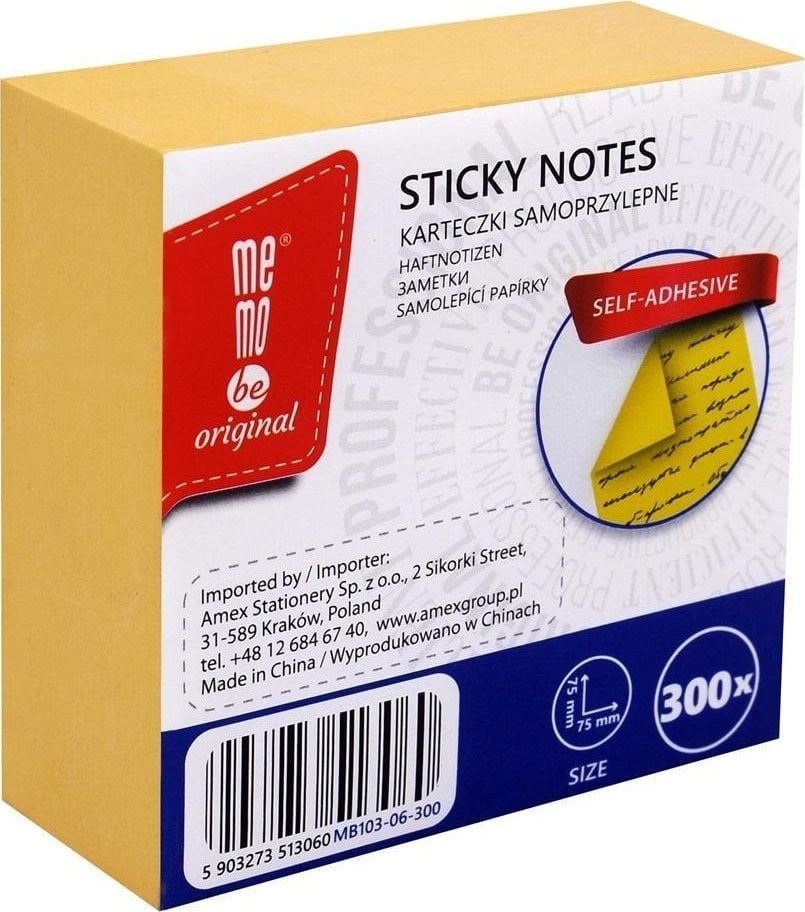 Bloczek samoprzylepny 75x75mm 300K żółty MemoBe