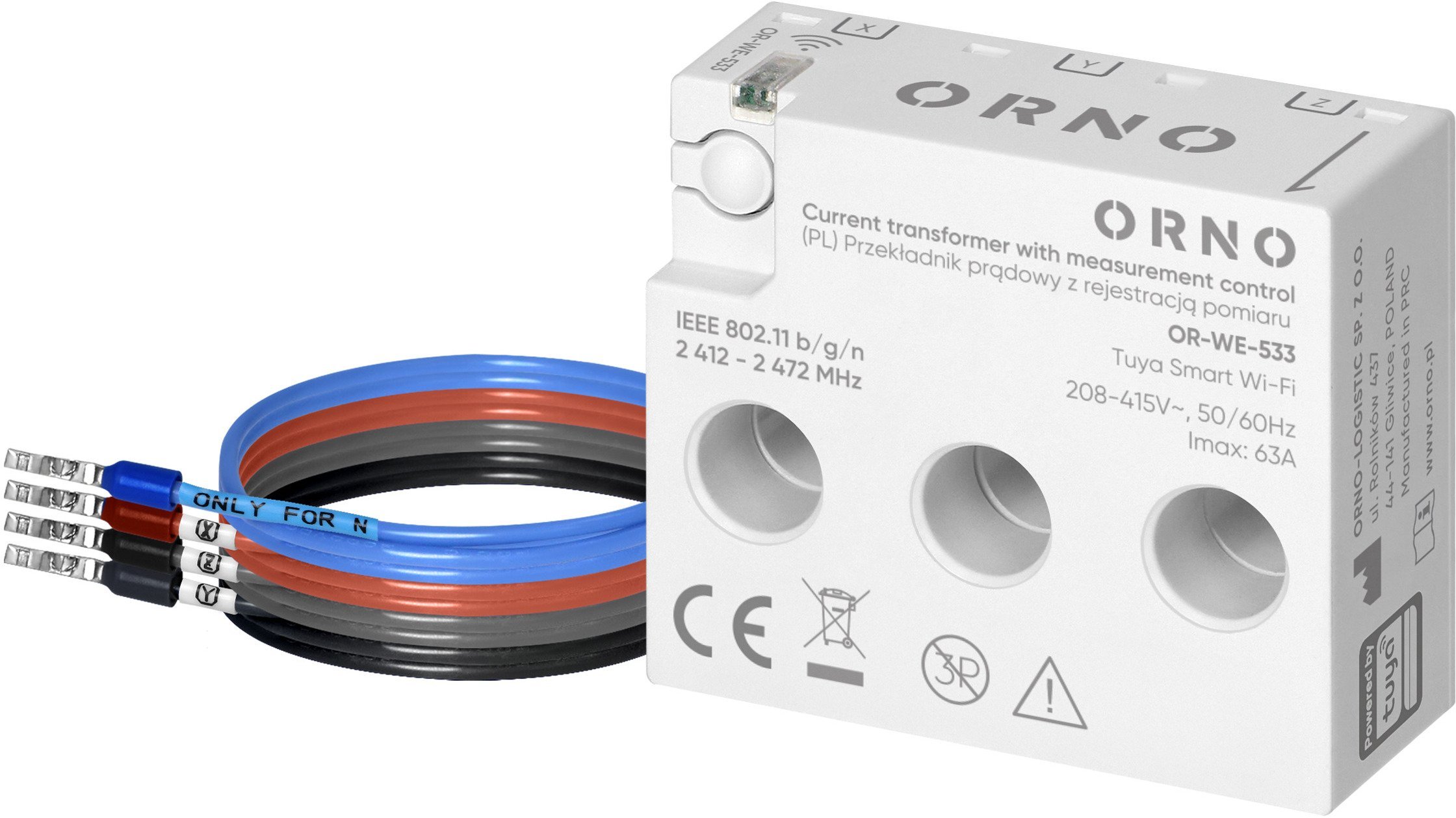 Przekładnik prądowy trójfazowy z rejestracją pomiaru, max. 440V/63A, Tuya Smart Wi-Fi,OR-WE-533