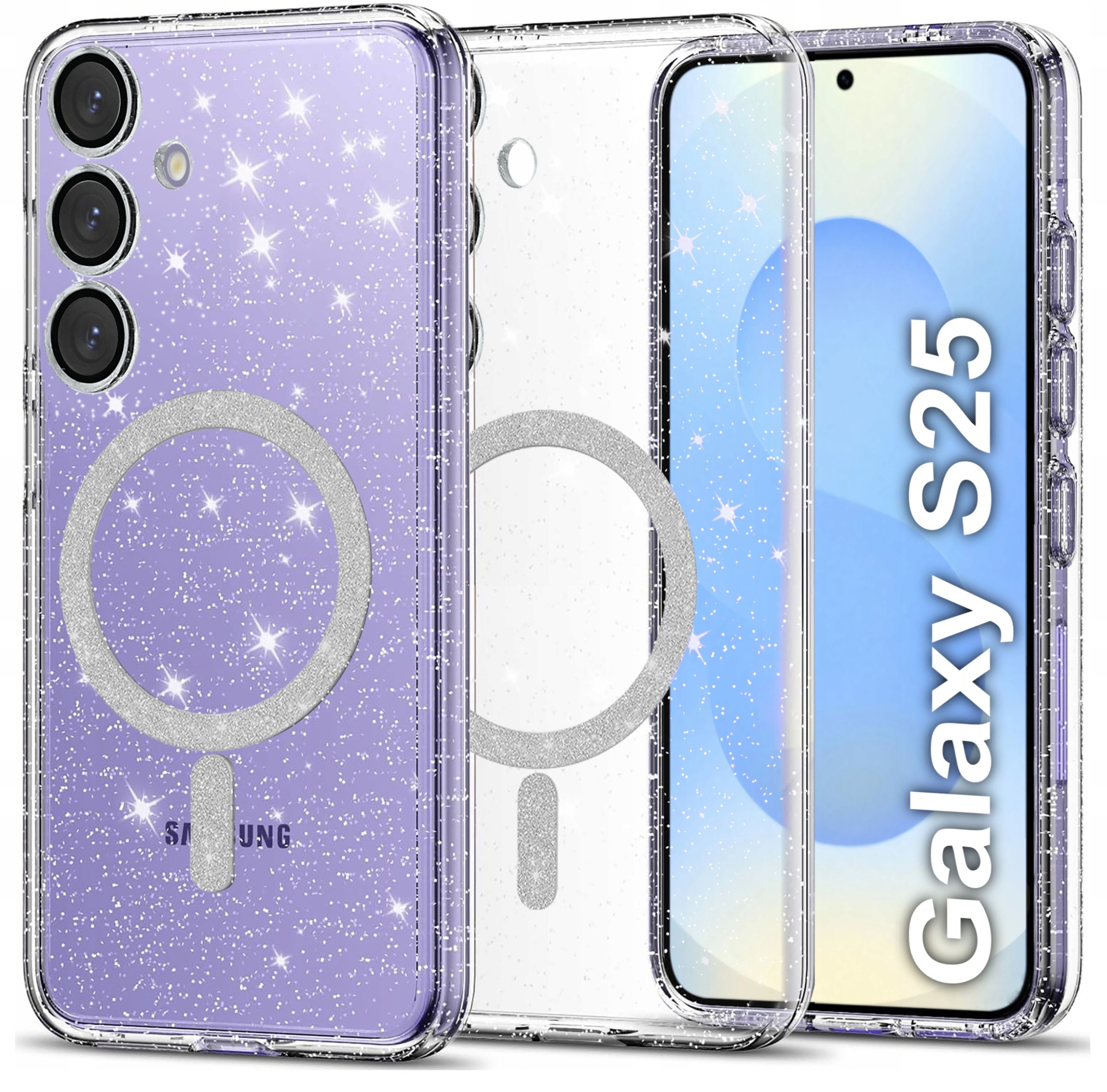 Etui do Samsung S25 BROKATOWE do MagSafe CLEAR SHINE + SZKŁO NA EKRAN