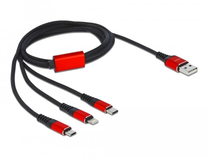 Kabel USB Delock Kabel ładowarki USB 3 w 1 Typ-A do Lightning/2 x USB Type-C 1 m czarny/czerwony